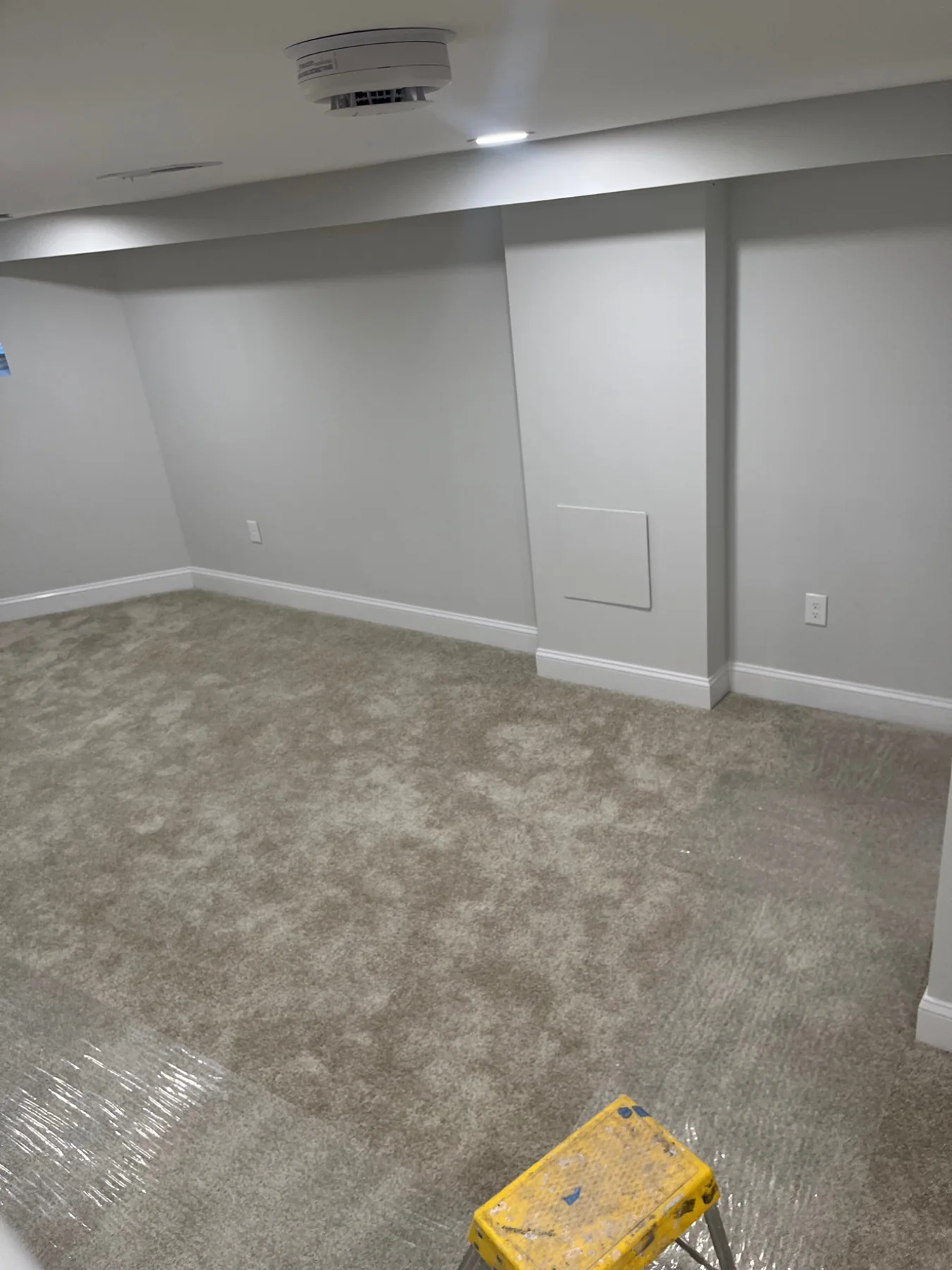 Finished basement renovation with carpet, new lighting and painted walls